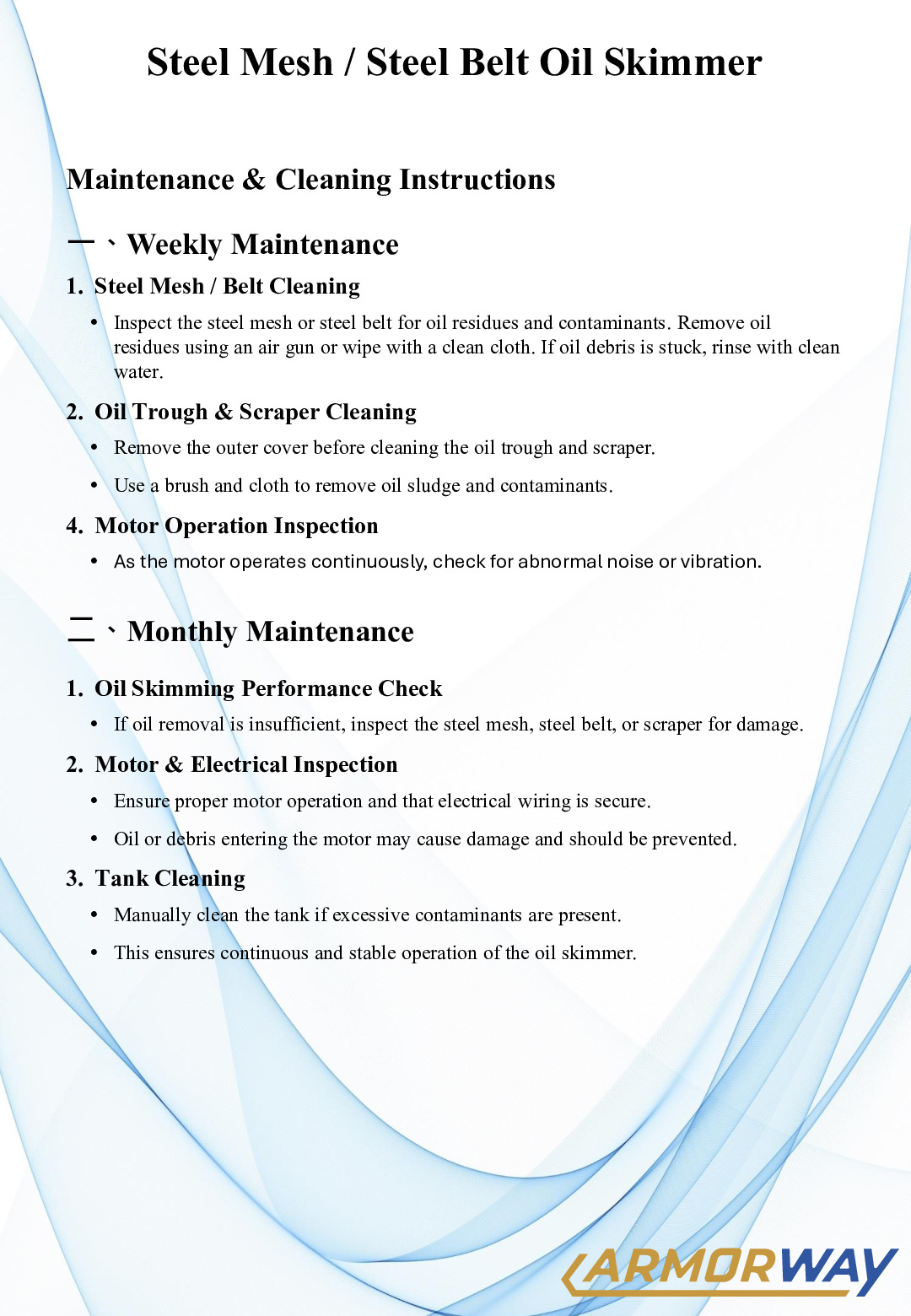 Maintenance Manual for Steel Mesh / Steel Belt Oil Skimmer(English)